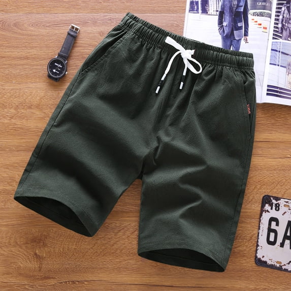JingHai Men's Linen Shorts Plus Size 2024 Casual Elastic Waist Drawstring Lightweight Summer Beach Golf Shorts with Pockets Army Green XL