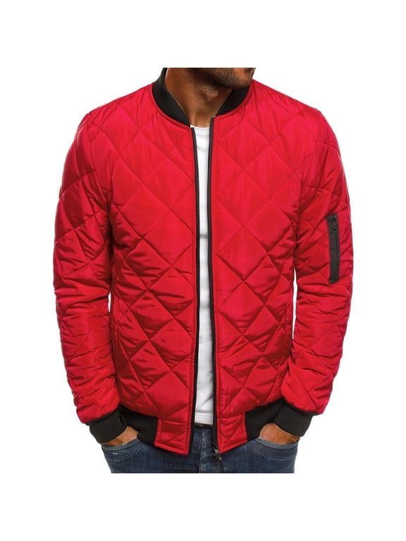 Mens Bombers Jacket Relaxed Fit Diamond Quilted Varsity Jackets Fall Winter Lightweight Padded Coat Outwear Red L