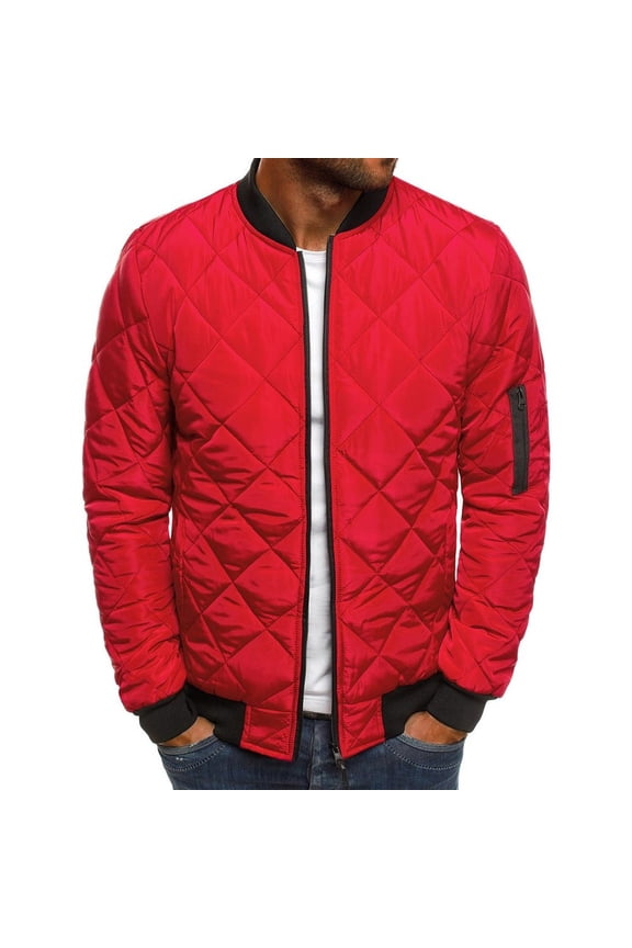 Mens Bombers Jacket Relaxed Fit Diamond Quilted Varsity Jackets Fall Winter Lightweight Padded Coat Outwear Red S