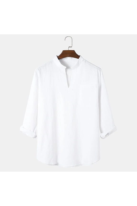 Mens Cotton Linen Buttonless Long Sleeve Henley Shirt,Solid Burnout Notch Neck Lightweight Summer Blouse Beach Shirts for Men White M