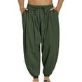 thumbnail image 1 of JingHai Mens Harem Pants Casual Baggy Elastic Drawstring Waist Aladdin Hippie Pant Big and Tall Men Sports Pants Cotton Linen Pants Army Green L, 1 of 6
