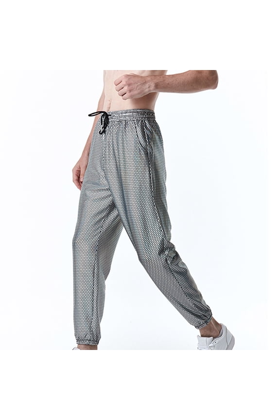 Mens Metallic Disco Pants 70S/80S Sequin Pants Drawstring Waist Party Club Pants Rave Shiny Jogger Pants Silver XXL