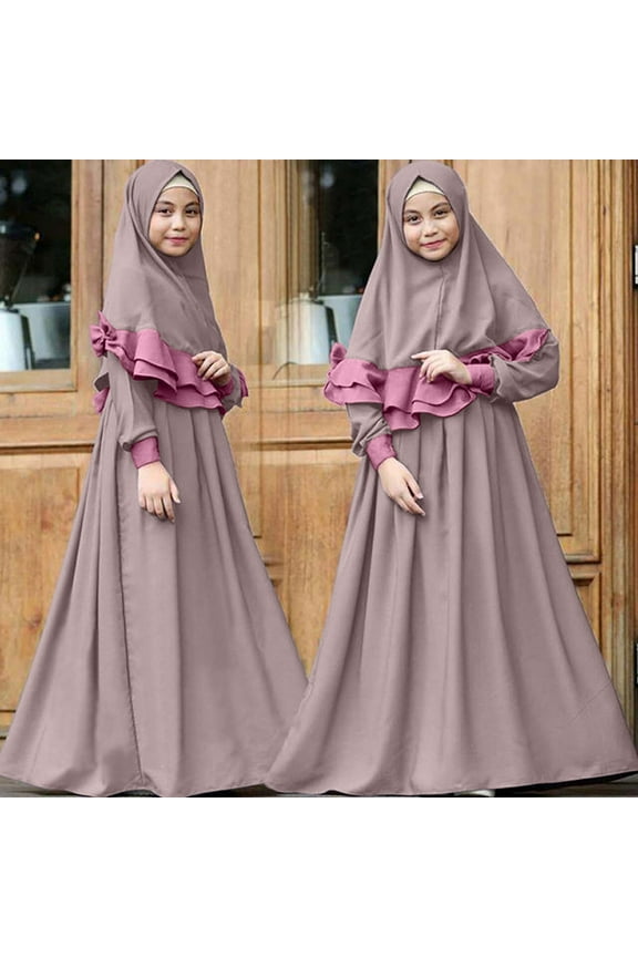 Muslim Girls Dress for Kids Long Sleeve Islamic Prayer Abaya Dress Maxi Kaftan Thobe with Hijab 2Pcs Modest Clothes Purple 8-9 Years