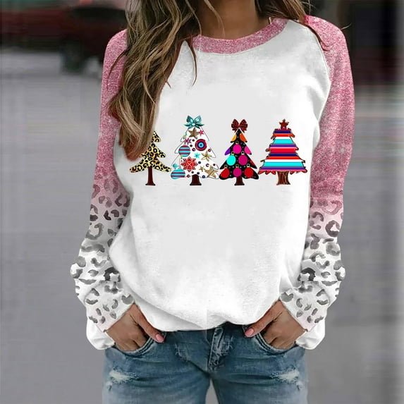 JingHai Pink Christmas Shirts for Women Raglan Sleeve Funny Xmas Tree Print Cute Santa Graphic Sweatshirts Loose Fit Pullover-Pink L