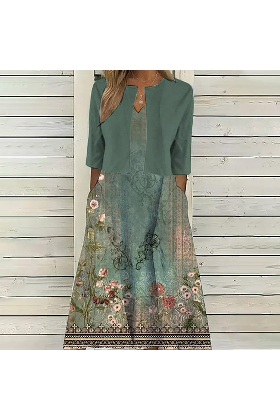 Two-Piece Womens Flowy Boho Floral Maxi Dress with Jacket Elegant Wedding Guest Chiffon Cocktail Dress Army Green L