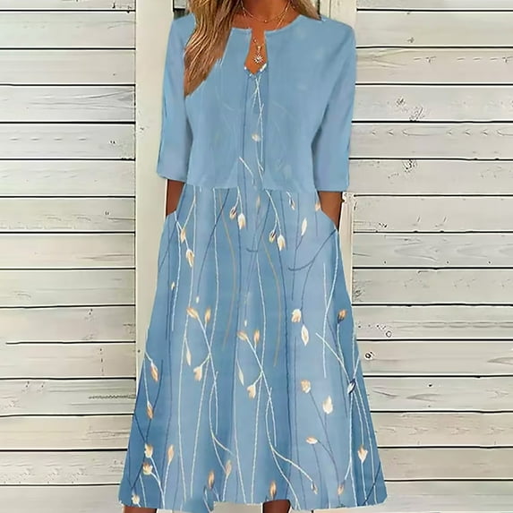 JingHai Two-Piece Womens Flowy Boho Floral Maxi Dress with Jacket Elegant Wedding Guest Chiffon Cocktail Dress Light Blue M