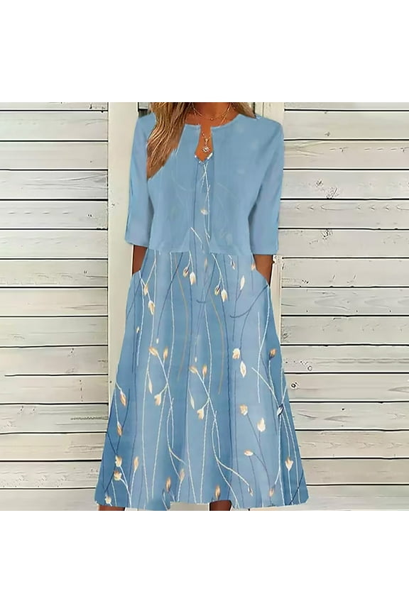 Two-Piece Womens Flowy Boho Floral Maxi Dress with Jacket Elegant Wedding Guest Chiffon Cocktail Dress Light Blue XXL