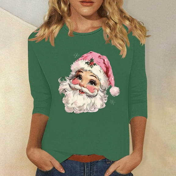 JingHai Ugly Christmas Sweater for Women 2024 Cute Christmas Printed Casual Crewneck 3/4 Sleeve Pullover Sweatshirts Tops-Green XXL