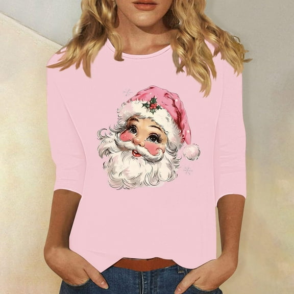 JingHai Ugly Christmas Sweater for Women 2024 Cute Christmas Printed Casual Crewneck 3/4 Sleeve Pullover Sweatshirts Tops-Pink M