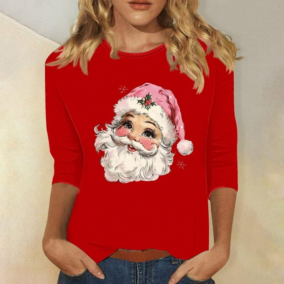 JingHai Ugly Christmas Sweater for Women 2024 Cute Christmas Printed Casual Crewneck 3/4 Sleeve Pullover Sweatshirts Tops-Red L