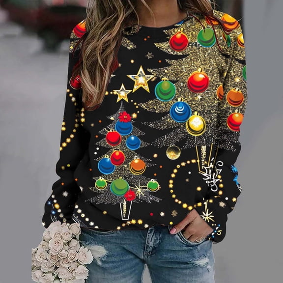 JingHai Ugly Christmas Sweatshirts Women Christmas Sweater Xmas Tree Sequin Top Winter Crewneck Family Holiday Outfits-Multicolor S