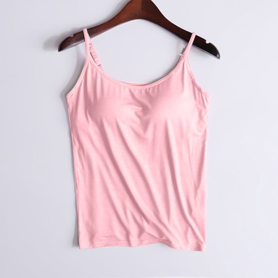JingHai Women Camisole with Built in Bra, Womens Adjustable Spaghetti Strap Cami Tanks Basic Padded Comfy Yoga Tops Pink XL