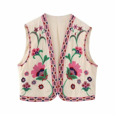 JingHai Women Floral Embroidered Vest Vintage Sleeveless Boho Y2K Cardigan Open Front Cropped Waistcoat Linen Vest Y2K Sleeveless 2024 Beige S