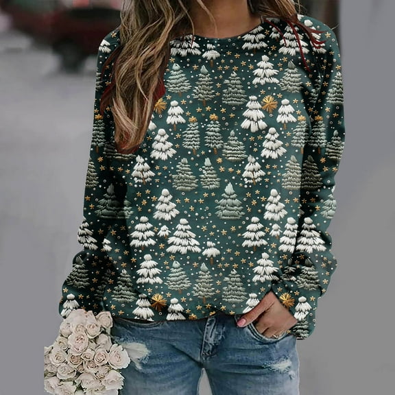 JingHai Women Ugly Christmas Sweatshirts 3D Digital Print Novelty Pullover Tops Funny Santa Xmas Tree Graphic Holiday Outfits-Green XXXXXL
