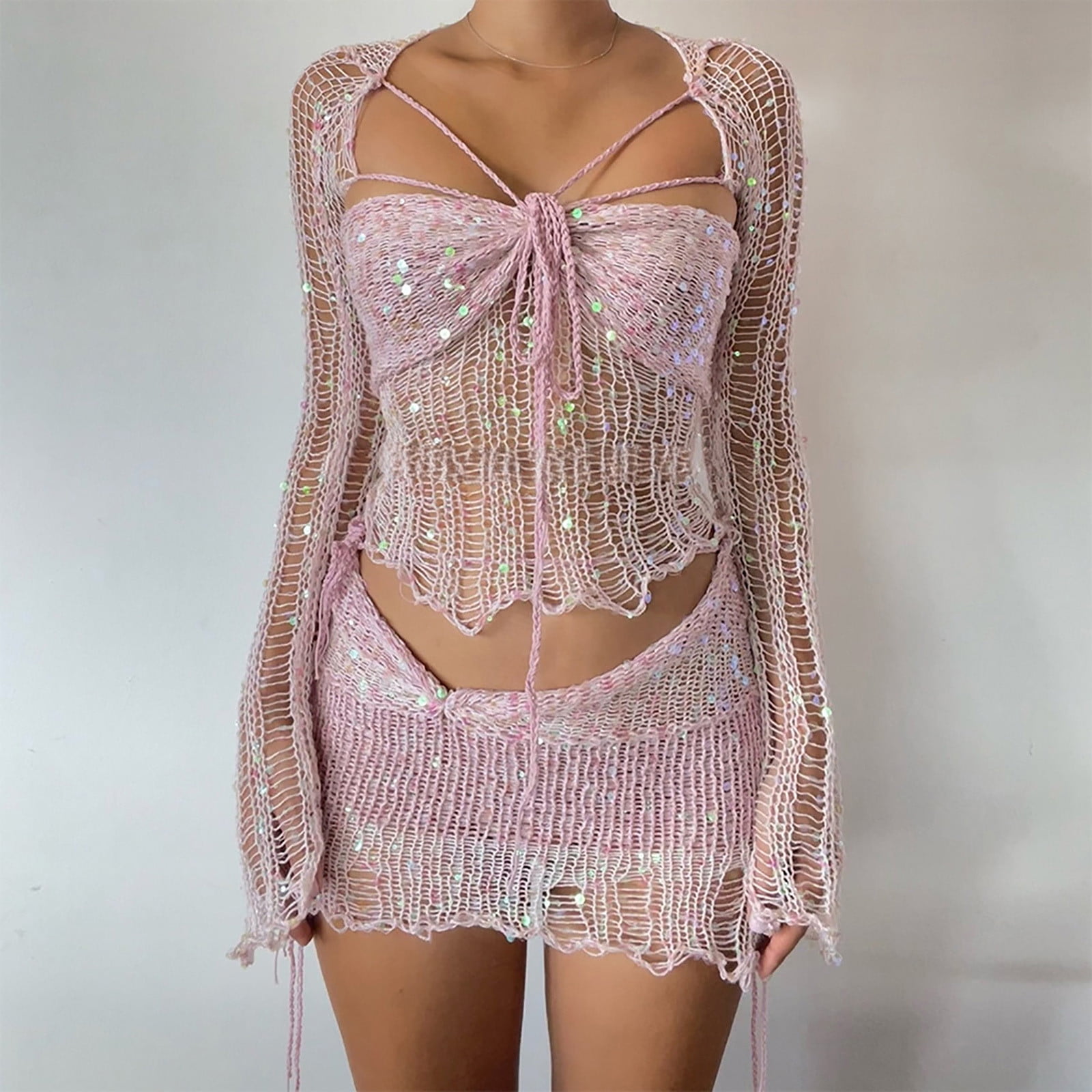 JingHai Women's Crochet Sequin 2 Piece Outfits, Sexy Long