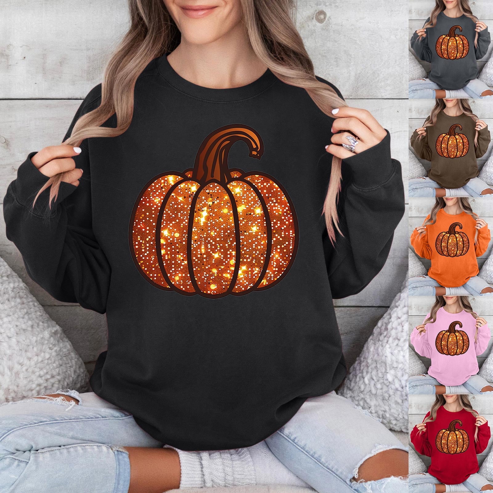 【WOOHWA】PUMKIN SHORT SK JingHai Women's Cute Halloween Sweatshirts Sequin Spooky