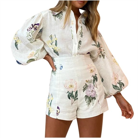 JingHai Womens 2 Piece Outfit Hawaiian Long Sleeve Button Down Shirt and Shorts Tracksuit Lounge Set Beige XL