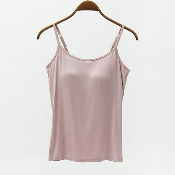 JingHai Womens Cotton Camisole Adjustable Strap Tank Tops with Built-in Bra Spaghetti Strap Tank Tops with Shelf Bra Pink L