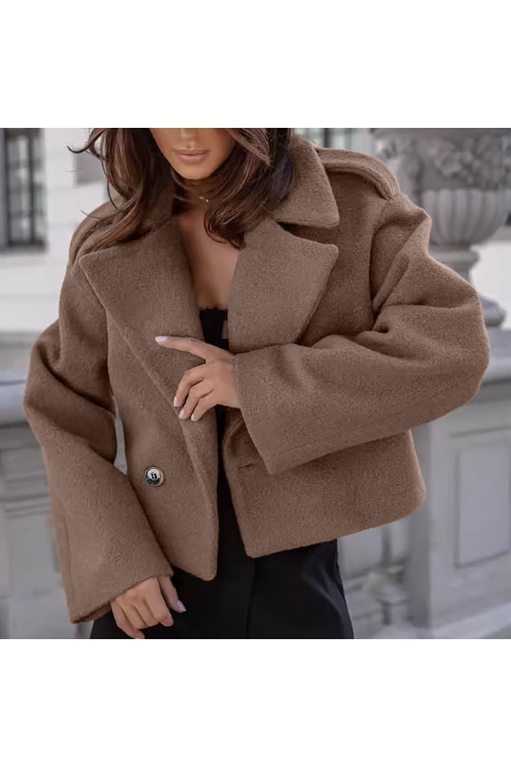 Womens Cropped Peacoat Double Breasted Notched Lapel Wool Blend Short Winter Trench Jacket-Coffee S