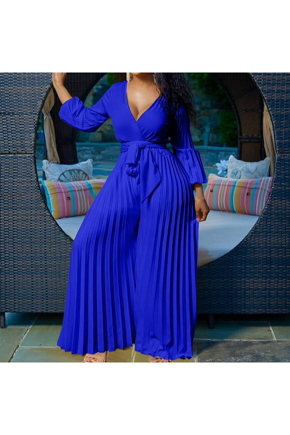Womens Sexy Plus Size Jumpsuits formal Elegant Deep V Neck Long Sleeve High Waist Tie Front Long Wide Leg Pants Solid Rompers Blue XXL