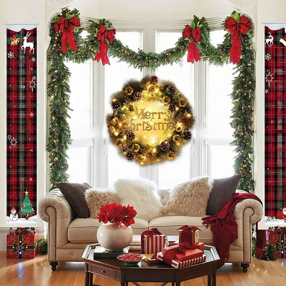 JingPin 15.7Inch Christmas Wreath with LED Lights Gold Accents & Pinecones Hanging Garland for Front Door Decorations,Christmas Wreath with "Merry Christmas" Sign Holiday Home Festival Party Present