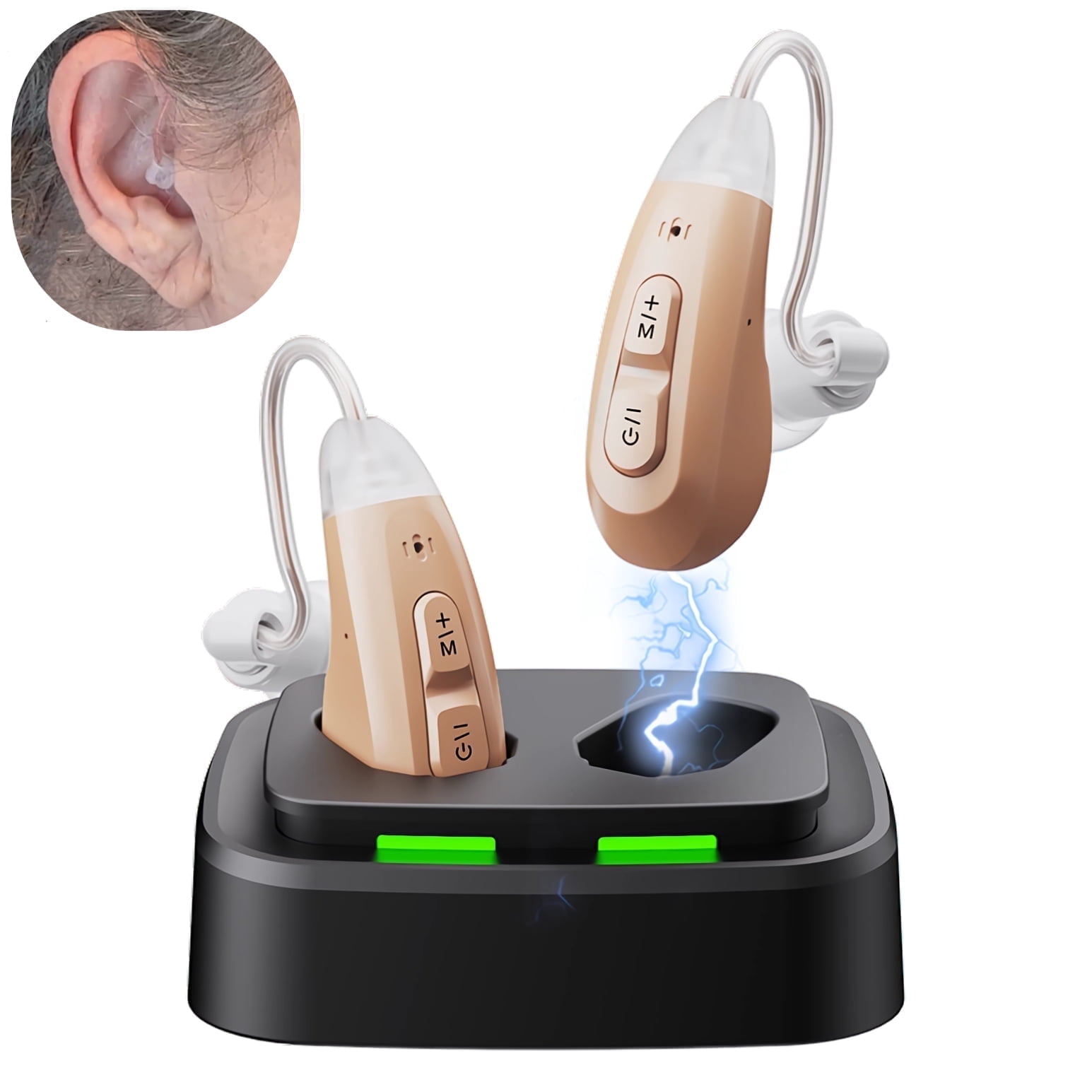 Jinghao Personal Sound Amplifier BTE Product  for Ears for Seniors Adults with Rechargeable Charging Dock Beige