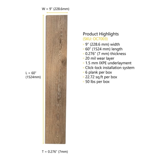 Jingida OC7003(Dark Walnut) 20 MIL Wear Layer 7mm Thick x 9 in. W x 60 in. L Click Lock Waterproof Luxury Vinyl Plank Flooring with IXPE (22.72 sqft/case)