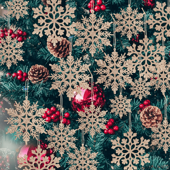 Jingke 36 Pack Plastic Gold Snowflake Ornaments , Decorations for Christmas Tree