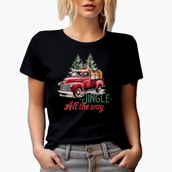 Jingle All the Way, Watercolor Red Christmas Truck, Presents & Trees Art Merch Gift, Black T-Shirt, Small
