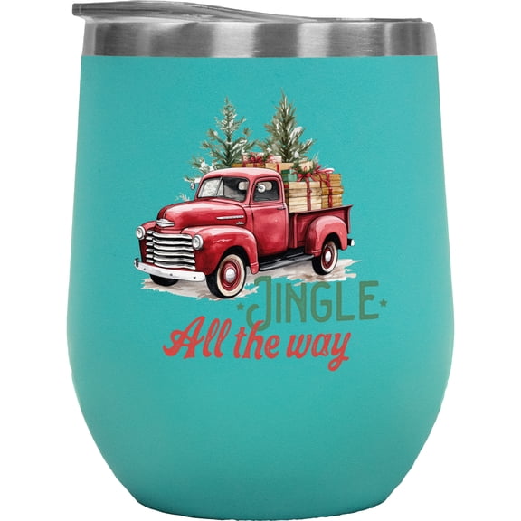 Jingle All the Way, Watercolor Red Christmas Truck, Presents & Trees Art Merch Gift, Mint 12oz Wine Tumbler