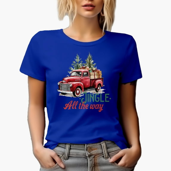 Jingle All the Way, Watercolor Red Christmas Truck, Presents & Trees Art Merch Gift, Royal Blue T-Shirt, 2XL