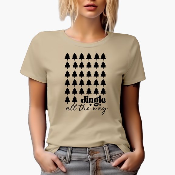 Jingle All the Way with Christmas Trees Art Merch Gift, Tan T-Shirt, Large