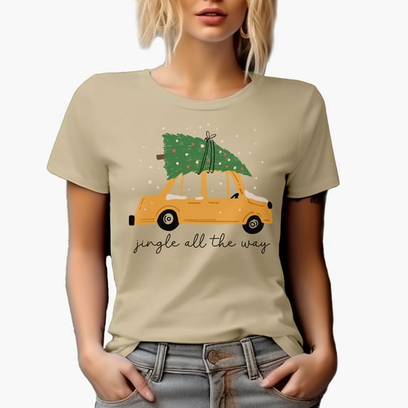Jingle All the Way with Hand Drawn Christmas Tree on Top of a Yellow Car Art Merch Gift, Tan T-Shirt, Large
