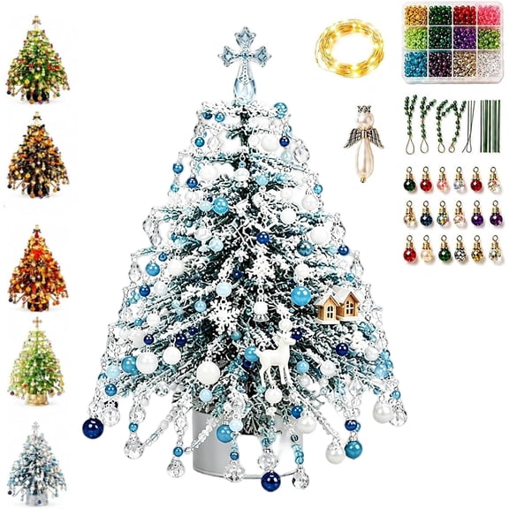 Jingle Beads, Beaded Xmas Tree Kit, Crystal Beaded Christmas Tree Lamp Kit, DIY Beaded ChristmasTree Kits Light Up, Metal Frame & Angel Topper Included, Tabletop Mini Decor