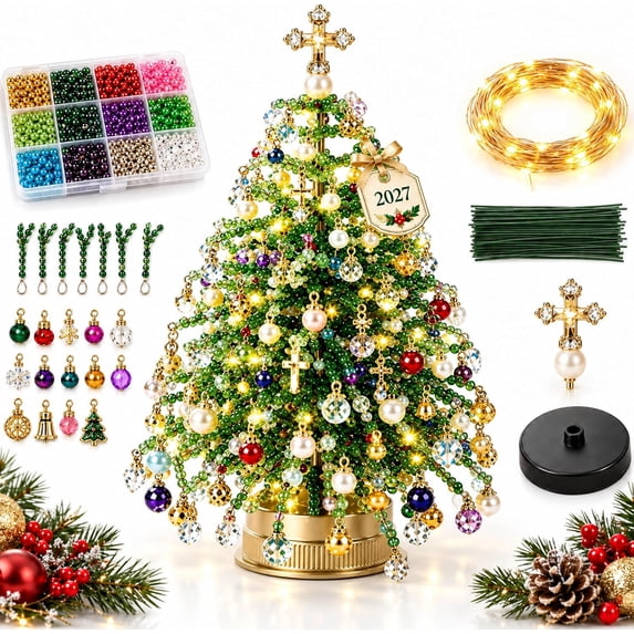 Jingle Beads Christmas Tree, DIY Beaded Christmas Tree Kit with Lights ...