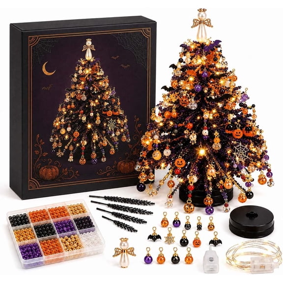 Jingle Beads Christmas Tree, DIY Beaded Tree Craft Kit with Seasonal Theme Options, Metal Frame, Angel Topper & Ornament Charms, Holiday Tabletop Decor