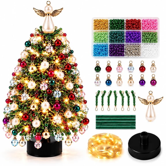 Jingle Beads Kit, DIY Beaded Christmas Tree Craft Set with Colorful Beads and Tabletop Holiday Decoration