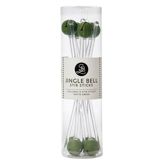 Jingle Bell Cocktail Stir Sticks, 8 Individual Swizzle Sticks with Jingle Bells, 6.5" Long, Matte/Dark Green P5748