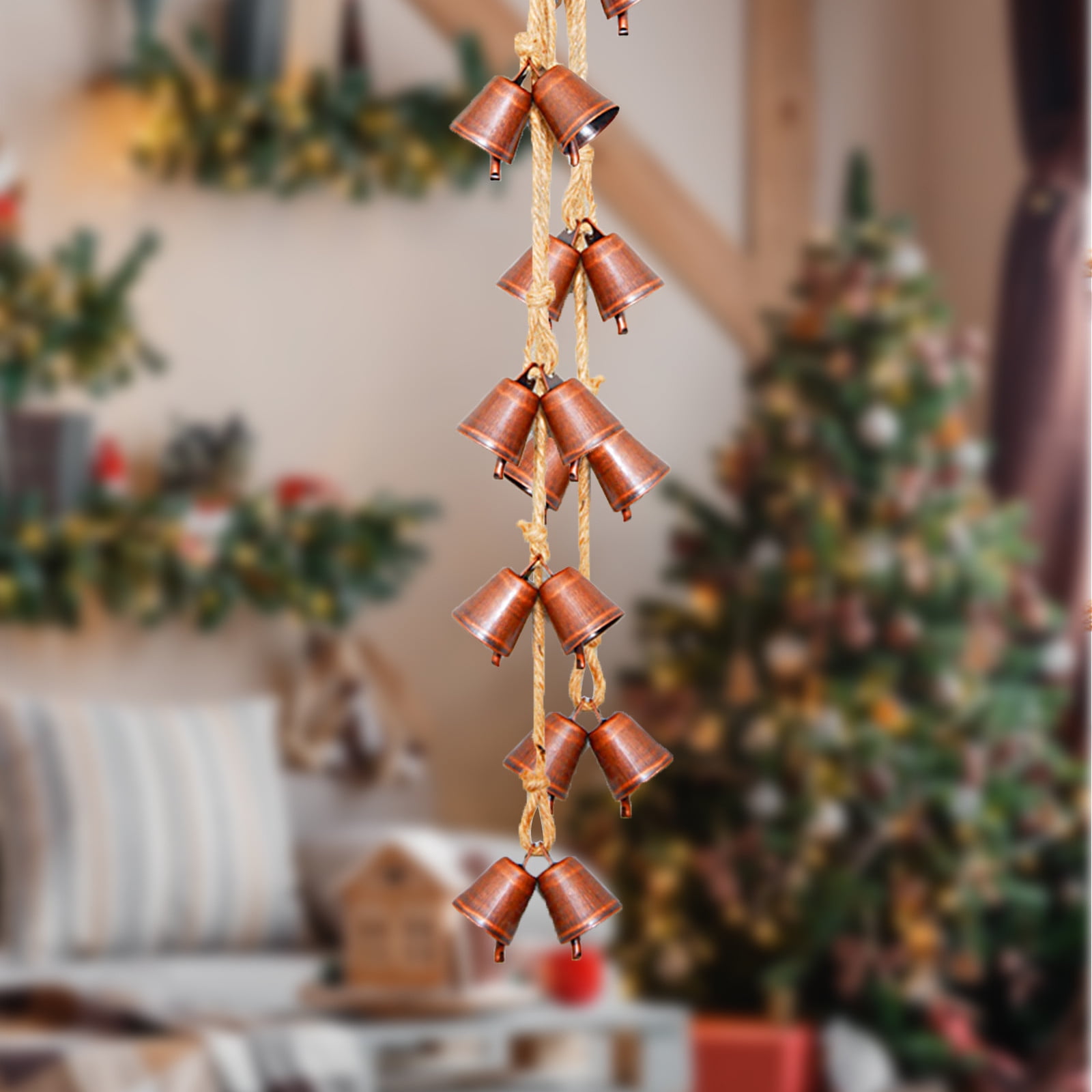 Jingle Bell Garland Decorations with Red Bells & Green Ribbon for ...