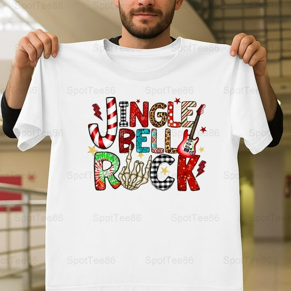 Jingle Bell Rock Colorful Retro Holiday Christmas Graphic V11667 Unisex T-Shirt, Up to Size 5XL