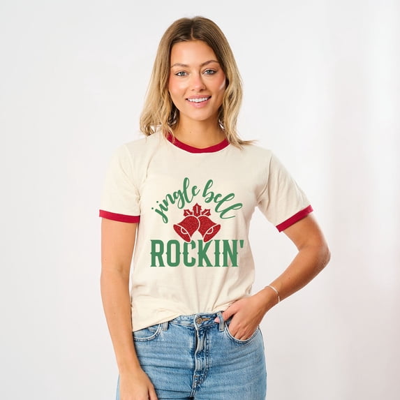 Jingle Bell Rockin' Bell Glitter - Women's Ringer Tee