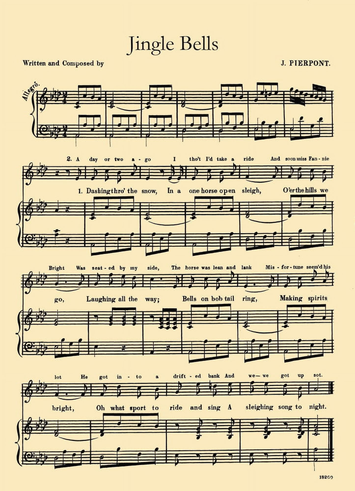 Jingle Bells Pierpont James (1822-1893) Canvas Art - (18 x 24)