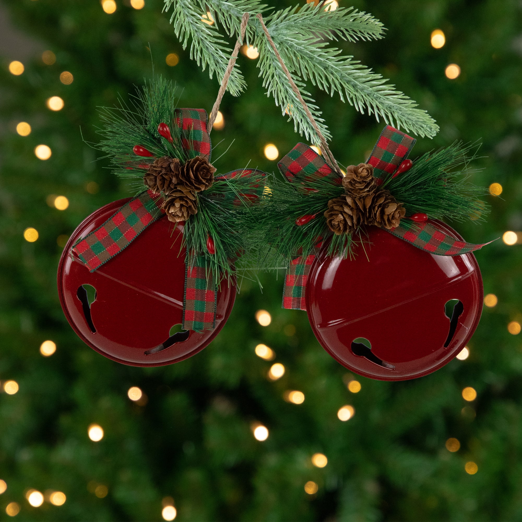 Northlight Jingle Bells with Pinecone Bows Disc Christmas Ornaments - 5" - Red - Set of 2