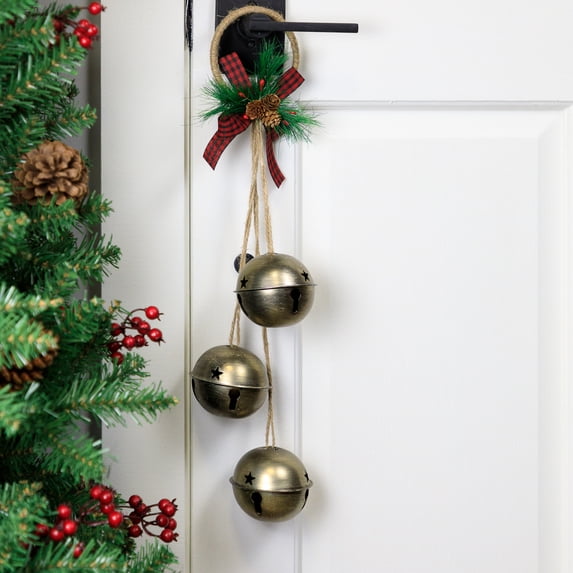 Northlight Jingle Bells with Plaid Bow Hanging Christmas Decoration - 20" - Gold