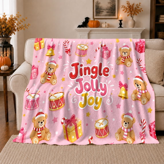 Jingle Jolly Joy Festive Teddy Bears Gifts Christmas, Festive Holiday Scene, Warm Flannel Blanket for Living Room and Reading Nook, Art Lovers Christmas Gift, Festive Home Decor