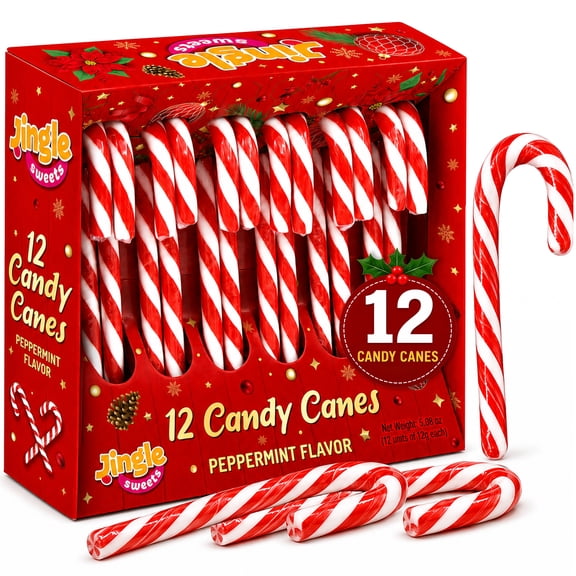Jingle Sweets Peppermint Candy Canes, Individually Wrapped Christmas Candy, 12 Count