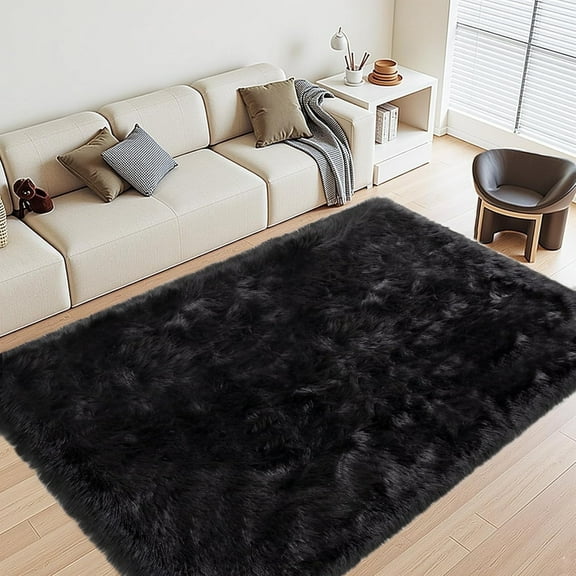 Jingle bears 4x6 Black Rug Fluffy Furry Faux Sheepskin Fur Area Rug for Living Room Washable Bedroom Rug Rectangle