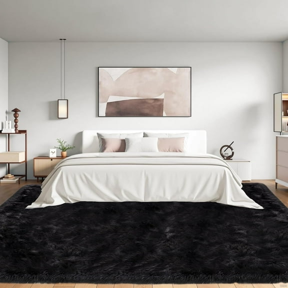 Jingle bears 8x10 Area Rug Black Fuzzy Washable Faux Sheepskin Fur Rug Large Rug for Living Room Bedroom Rectangle