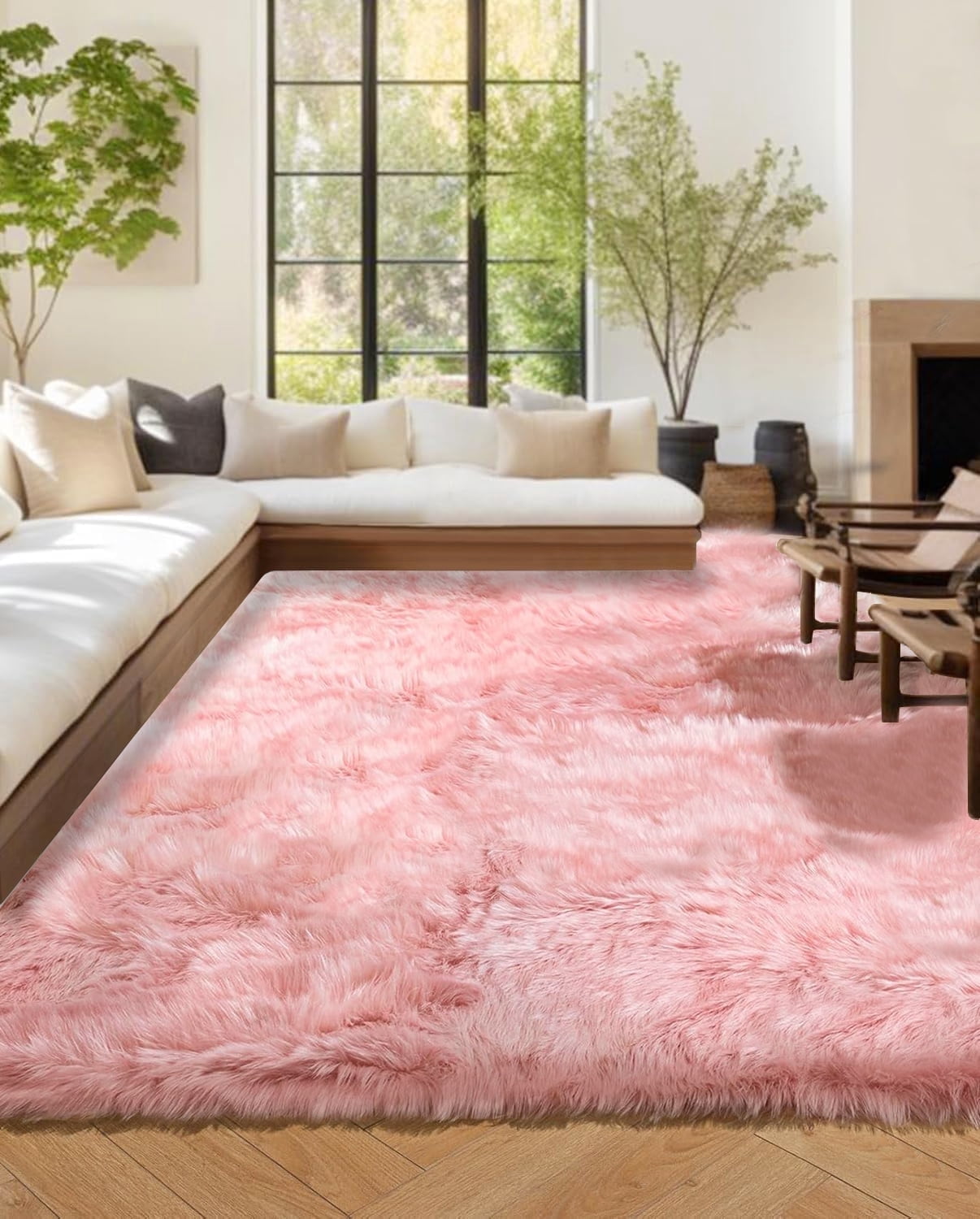 Jingle bears 8x10 Rug Pink Fluffy Large Rug Faux Fur Sheepskin Rug for Living Room Bedroom Fuzzy Furry Rug Rectangle