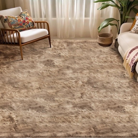 Jingle bears Fluffy Shag Rug 5x8 Faux Sheepskin Fur Rug for Living Room Bedroom Fuzzy Furry Plush Washable Rug Light Brown Rectangle